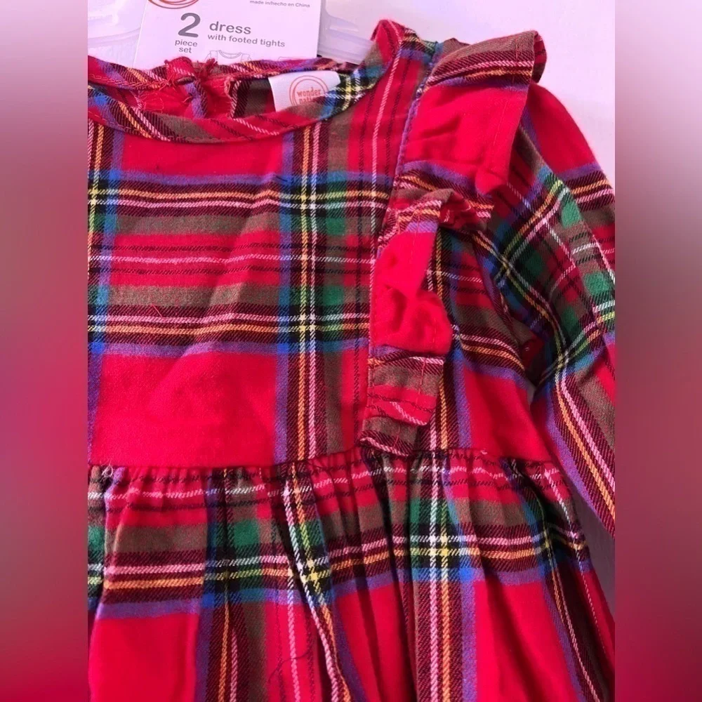 Baby Girls Plaid Dress Outfit with Matching Tights size 6-9 M
